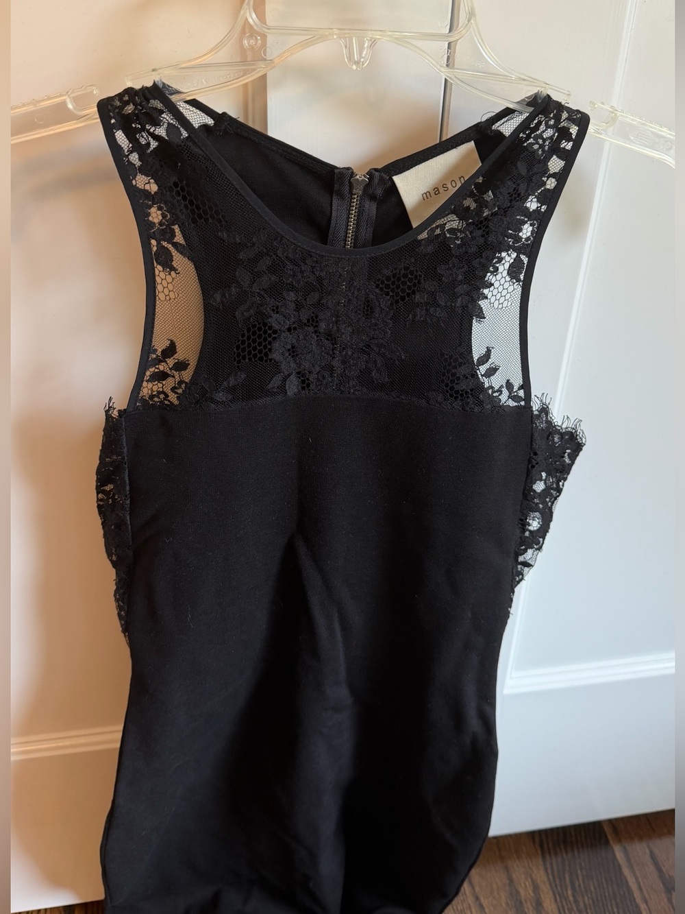 Black sleeveless lace mini dress